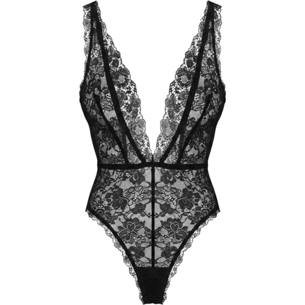 New Victorias Secret Black Floral Lace Plunge Bodysuit High Cut‎ Medium Coquette